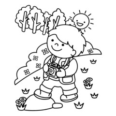 Little boy go to countryside cartoon illustration isolated on white background for children color book