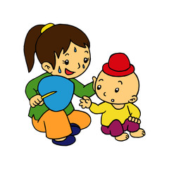 Little girl play with her brother cartoon illustration isolated on white background for children color book