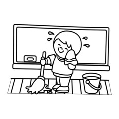 Little boy clean the class after a day