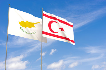 Cyprus and Turkish Republic of Northern Cyprus flags over blue sky background.
