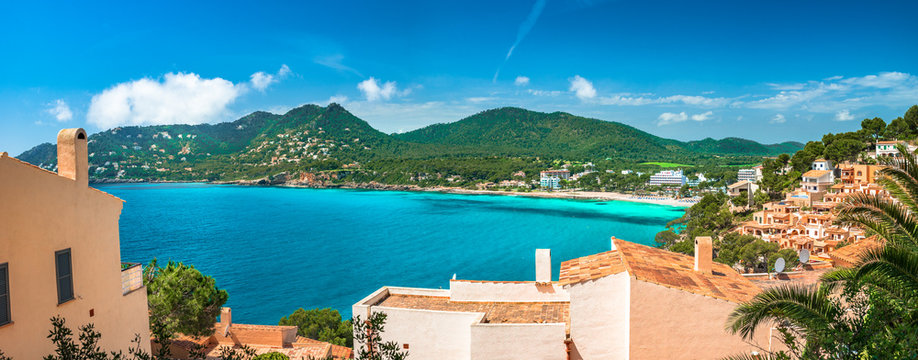 Panorama view of Canyamel bay, beautiful coastline on Majorca island, Spain Mediterranean Sea