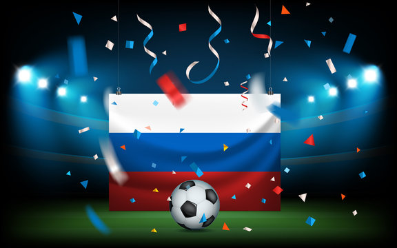 Football stadium with the ball and Russian flag. Russia wins