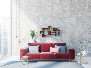 Concrete wall living room interior, red sofa