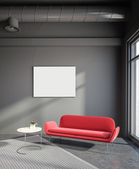 Industrial style living room, red sofa, poster