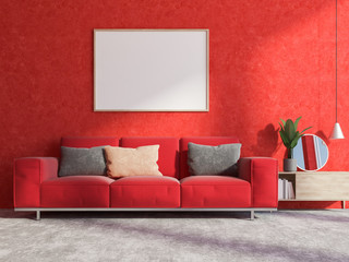 Red wall living room interior, sofa and poster