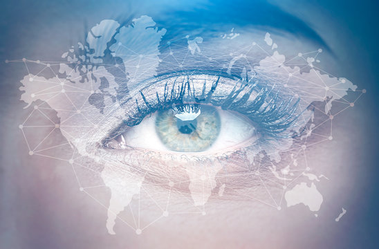 Eye of a woman close up, world map