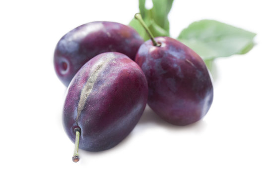 three ripe whole big blue plums