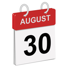 Daily calendar of single-leaf rings, red spine, 3d.Ilustration, August,day,Thirty, 30