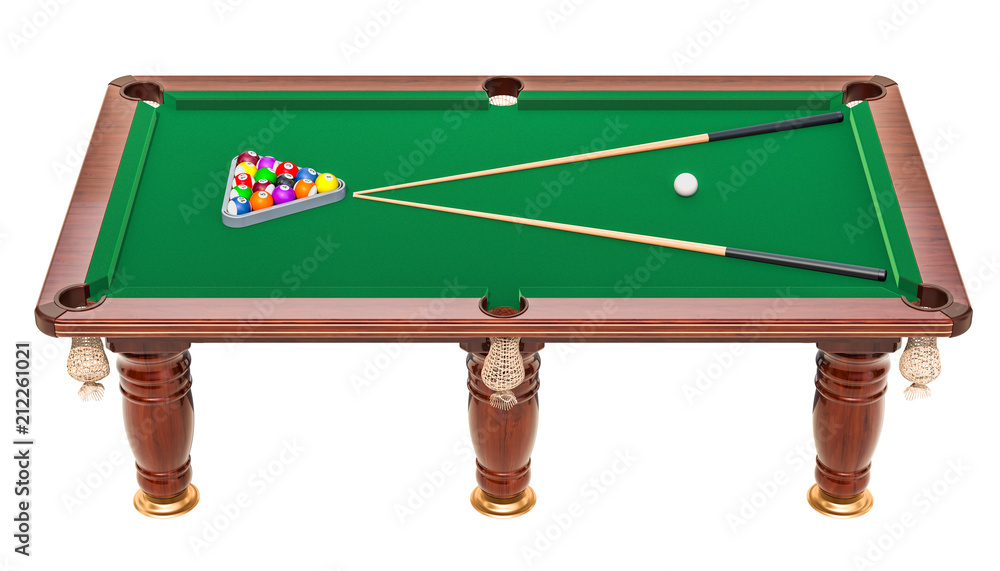 Poster billiard table with balls and cue, 3d rendering