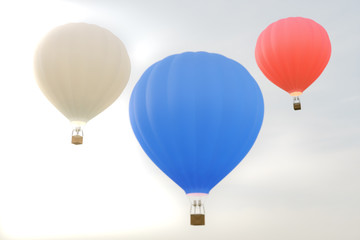 3D illustration hot air balloon on sky background. White, red, blue, green and yellow air ballon flyes on sky.