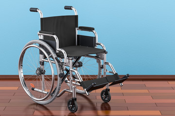 Wheelchair on the wooden floor in the room, 3D rendering