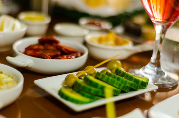 Set with different appetizers in small portions, healthy and delicious snacks