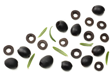 Marinated slices black olives isolated on white background. top view