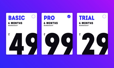 Web pricing table design for business. Hosting table banner.  Modern gradient style. Design element for website and mobile app, UI UX. Vector illustration