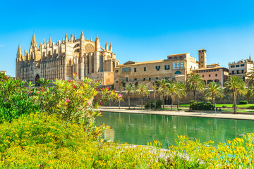 View of Cathedral La Seu with Parc de la Mar at the old town of Palma de Majorca, Spain © vulcanus