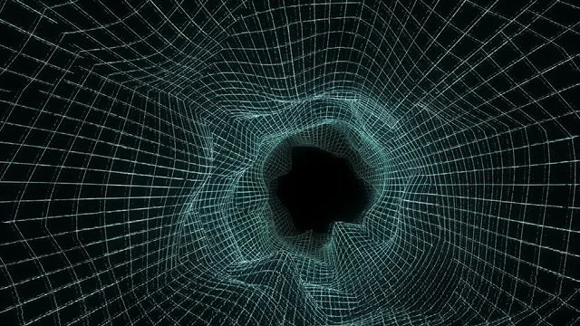 Hologram neon low poly grid tunnel animation with interference. Seamless retro futuristic background.