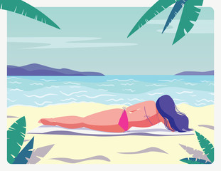 Vector colorful flat style illustration of a beautiful girl sunbathing on the beach. Vintage postcard with a view of a girl in a bikini, blue water and white sand