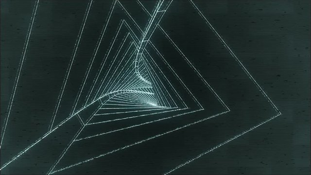 Hologram neon low poly grid triangle tunnel animation with interference. Seamless retro futuristic background.