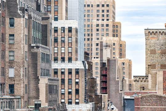 Closeup Pattern Of Old Vintage Brick Skyscraper Buildings Architecture In New York City NYC Aerial View Through Windows