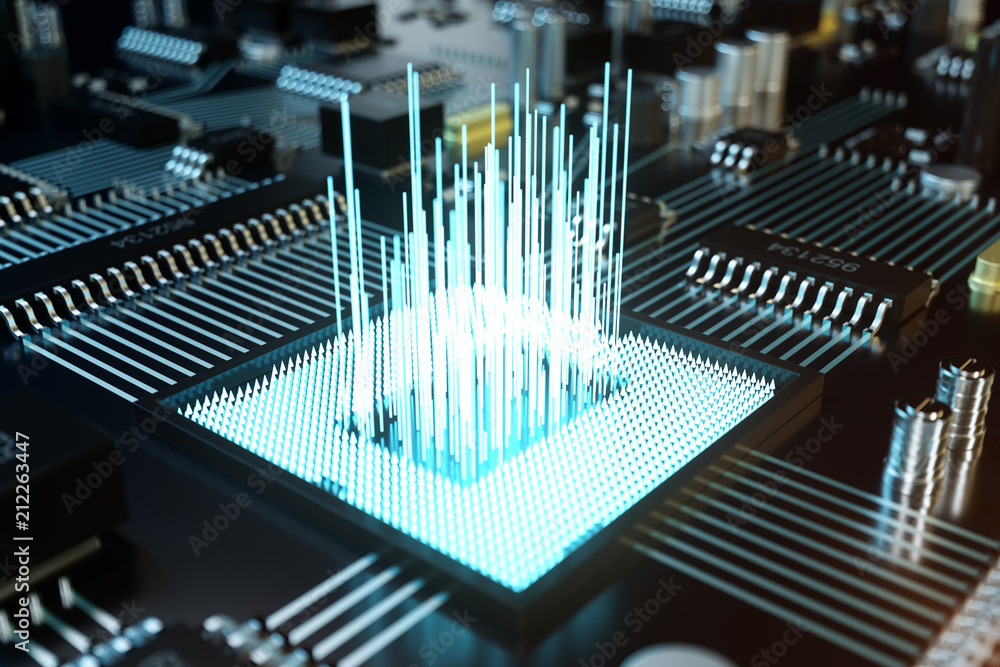 Poster 3d illustration circuit board. technology background. central computer processors cpu concept. mothe