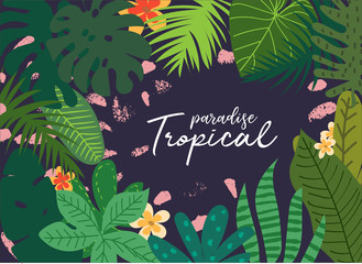 Vector tropical summer print, exotic jungle plant and palm leaves illustration. floral and geometric grunge background for your design.