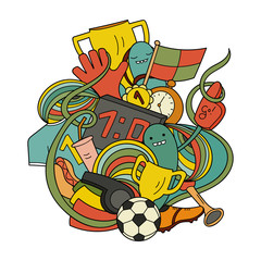 Doodle colorful art of football inventory. Cute monsters and sport items. Beautiful vector pattern.