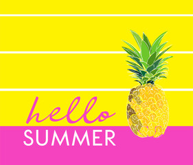 pineapple hello summer illustration. tropical exotic fruit greeting card. summer vacation. 