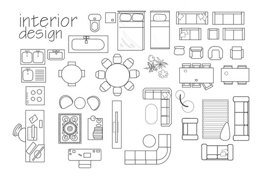 interior design floor plan symbols. top view furniture. cad symbol. vector furniture collection.  project. architectural technical drawing.