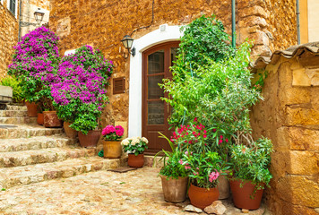 Beautiful flowers street in old village of Fornalutx on Mallorca island, Spain