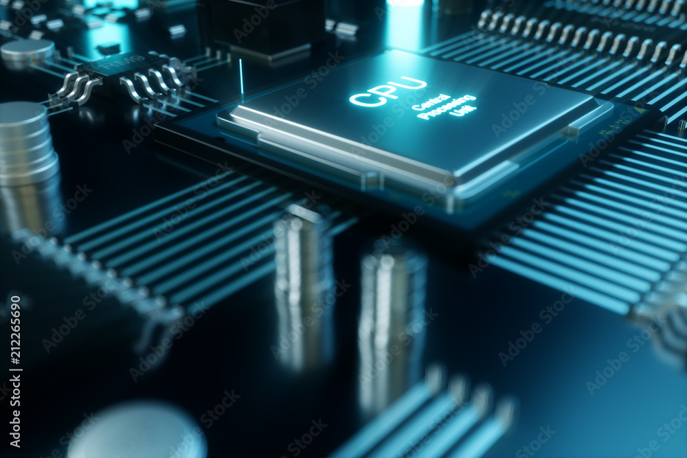 Poster 3d illustration computer chip, a processor on a printed circuit board. the concept of data transfer 