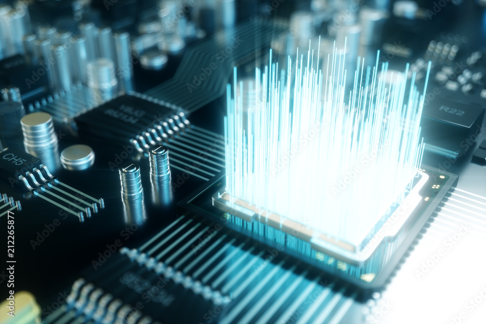 Poster 3d illustration computer chip, a processor on a printed circuit board. the concept of data transfer 