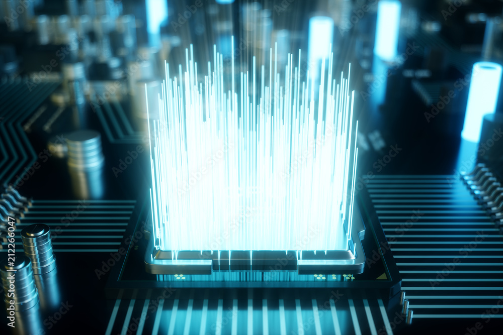 Poster 3d illustration computer chip, a processor on a printed circuit board. the concept of data transfer 