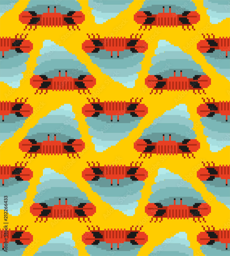 Poster crab hermit pixel art pattern seamless. 8 bit crab in shell. marine animal vector background