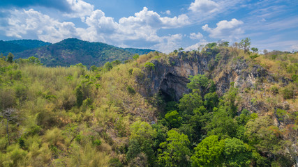 aerial photography landscape of Thanlod Yai cave to Thanlod Noi cave between two caves there have many waterfall along the way water from Thanlod Yai cave pass in to Than Lod Noi cave