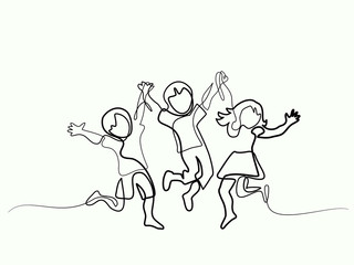 Happy jumping children holding hands. Continuous line drawing. Vector illustration on white background