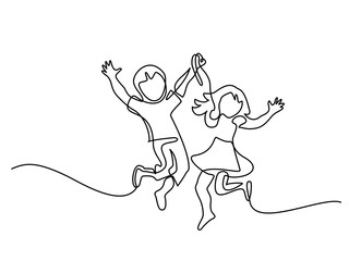 Happy jumping children holding hands. Continuous line drawing. Vector illustration on white background