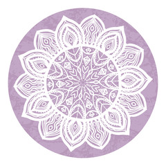 Vector Round background. Mandala white hand drawing ornament on a textured lavender background.