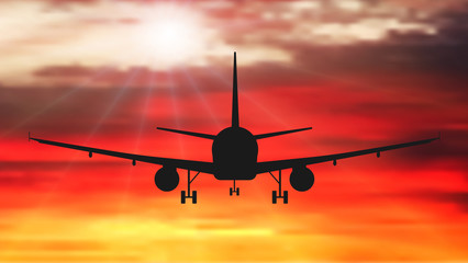 Fototapeta na wymiar Passenger plane is flying, against the background of sunset. Airplane silhouette vector