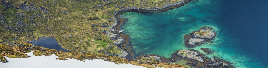 Red Lonely House Near Lake, Norwegian Rorbu Near Lake, Aerial View, Lofoten islands, Norway
