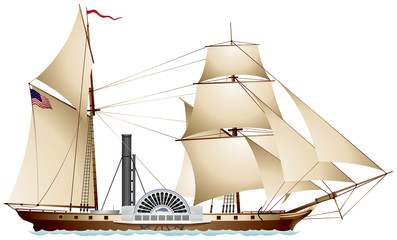 Steamboat, Steamship, sailing ship sidewheel steamer color realistic vector illustration © Ievgen Melamud