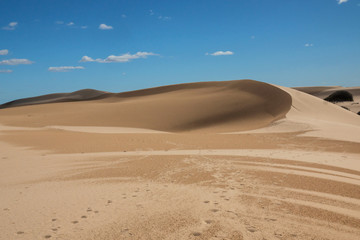 Fototapeta na wymiar Footprints following the sand dune ridge under the blue sky in New South Wales, Australia.