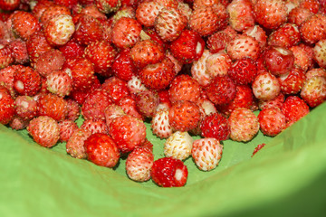 a bunch of strawberries on a green background, selective focus, close-up abstract background