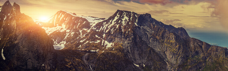 Panoramic Shot Of Beautiful Panoramic Scene, Mountain and Fjord, Winter Landscape In Norway