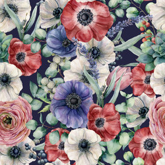 Watercolor seamless pattern with eucalyptus leaves and different flowers. Hand painted anemones, ranunculus, berries isolated on dark blue background. Floral botanical illustration for design. - 212270221