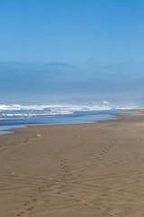Fototapeta na wymiar The shoreline at Ocean Beach in San Francisco, with Seal Rocks in the distance