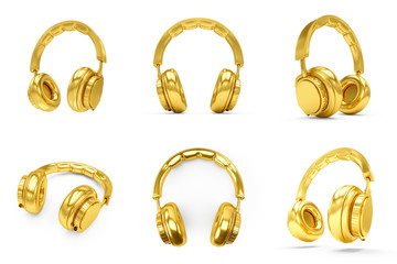 3D Rendering Set of Golden headphones isolated on white background