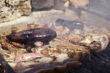 Strips of veal rib, chorizo ​​and blood sausage, Argentina barbecue