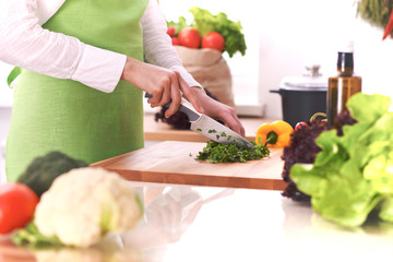 Close Up of human hands cooking vegetable salad in kitchen on the glass table with reflection. Healthy meal, and vegetarian food concept