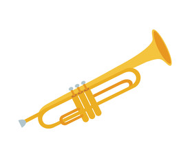 Golden trumpet isolated on white background. Vector illustration of trumpet. Wind musical instrument. Trumpet icon,  cute flat cartoon style