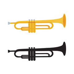 Obraz premium Golden trumpet and black trumpet silhouette isolated on white background. Vector illustration. Wind musical instrument. Trumpet icon, cute flat cartoon style